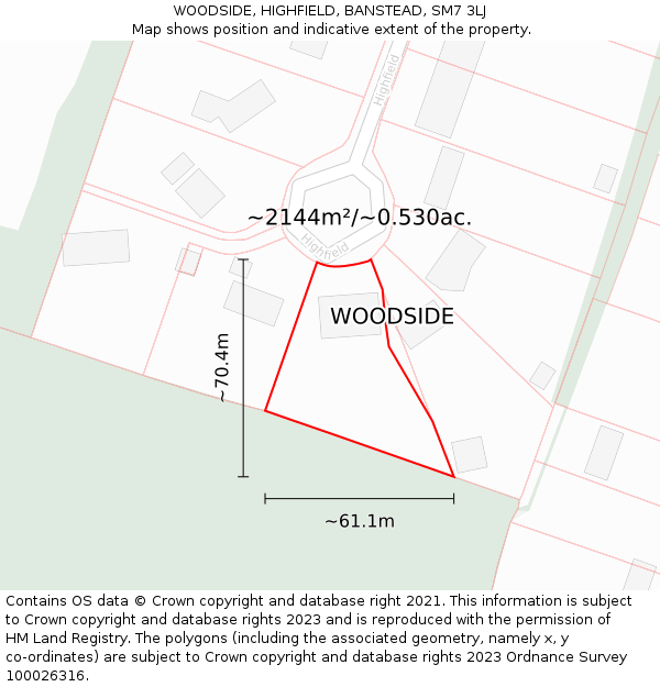 WOODSIDE, HIGHFIELD, BANSTEAD, SM7 3LJ: Plot and title map