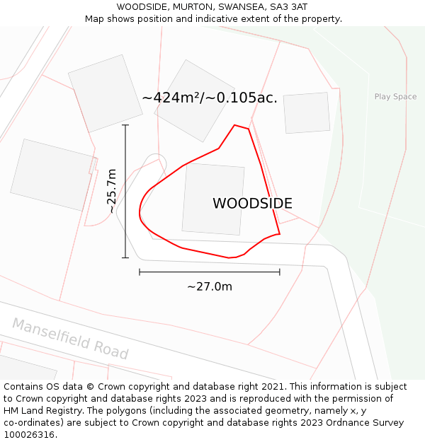 WOODSIDE, MURTON, SWANSEA, SA3 3AT: Plot and title map
