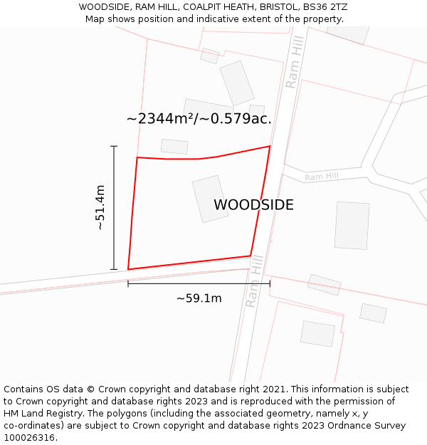 WOODSIDE, RAM HILL, COALPIT HEATH, BRISTOL, BS36 2TZ: Plot and title map