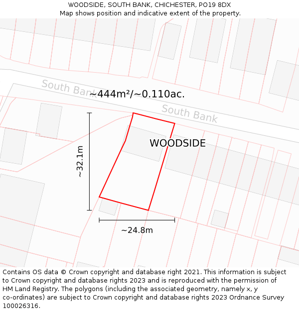 WOODSIDE, SOUTH BANK, CHICHESTER, PO19 8DX: Plot and title map