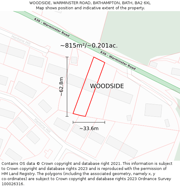 WOODSIDE, WARMINSTER ROAD, BATHAMPTON, BATH, BA2 6XL: Plot and title map