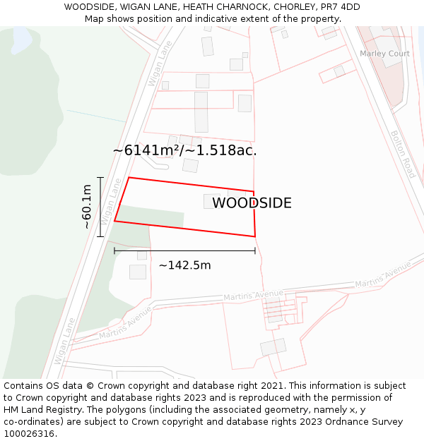 WOODSIDE, WIGAN LANE, HEATH CHARNOCK, CHORLEY, PR7 4DD: Plot and title map