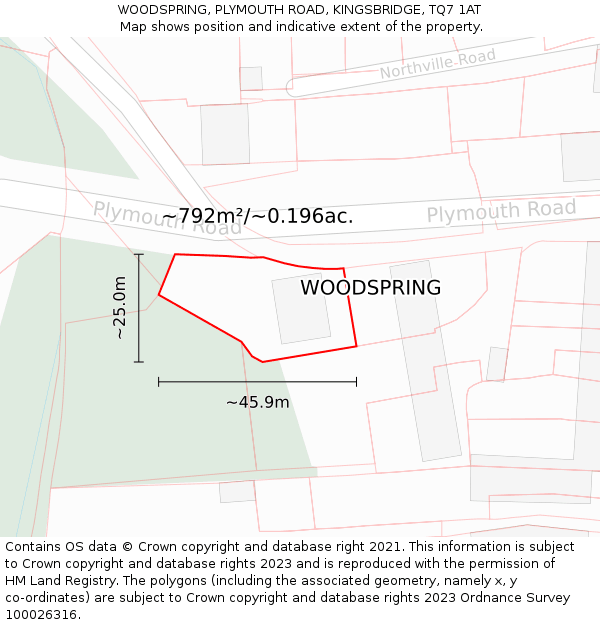 WOODSPRING, PLYMOUTH ROAD, KINGSBRIDGE, TQ7 1AT: Plot and title map