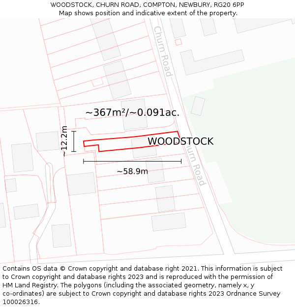 WOODSTOCK, CHURN ROAD, COMPTON, NEWBURY, RG20 6PP: Plot and title map