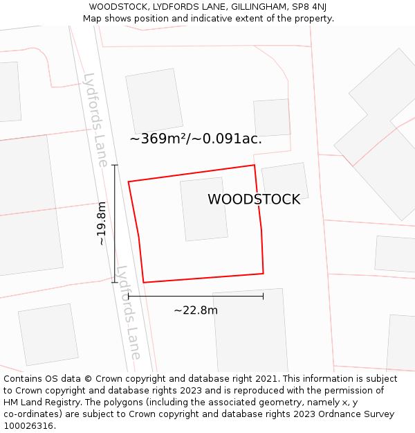 WOODSTOCK, LYDFORDS LANE, GILLINGHAM, SP8 4NJ: Plot and title map