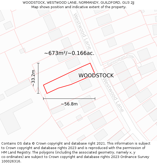 WOODSTOCK, WESTWOOD LANE, NORMANDY, GUILDFORD, GU3 2JJ: Plot and title map