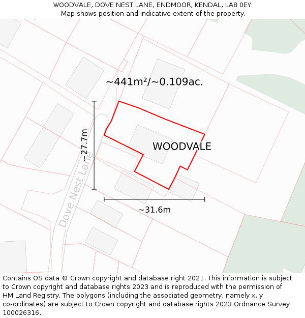 WOODVALE, DOVE NEST LANE, ENDMOOR, KENDAL, LA8 0EY: Plot and title map