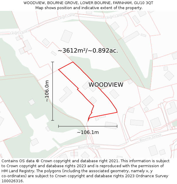 WOODVIEW, BOURNE GROVE, LOWER BOURNE, FARNHAM, GU10 3QT: Plot and title map