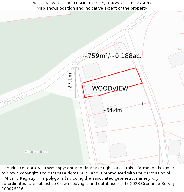 WOODVIEW, CHURCH LANE, BURLEY, RINGWOOD, BH24 4BD: Plot and title map