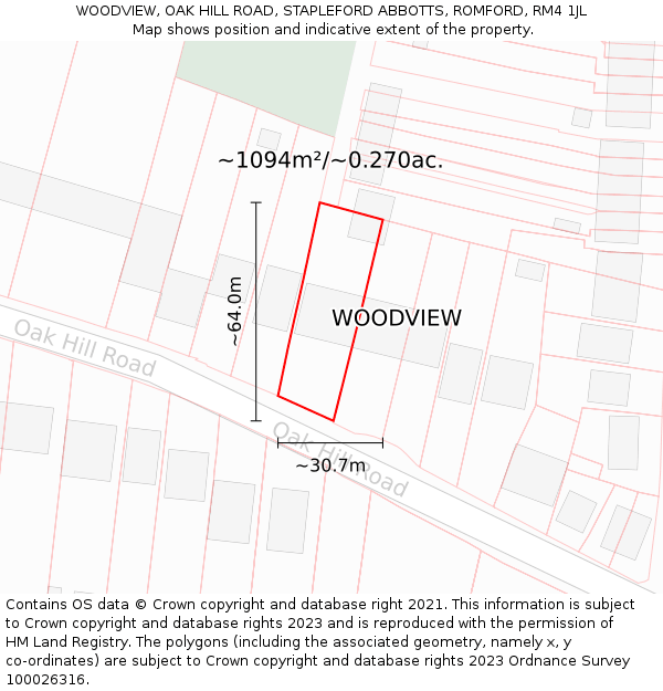 WOODVIEW, OAK HILL ROAD, STAPLEFORD ABBOTTS, ROMFORD, RM4 1JL: Plot and title map