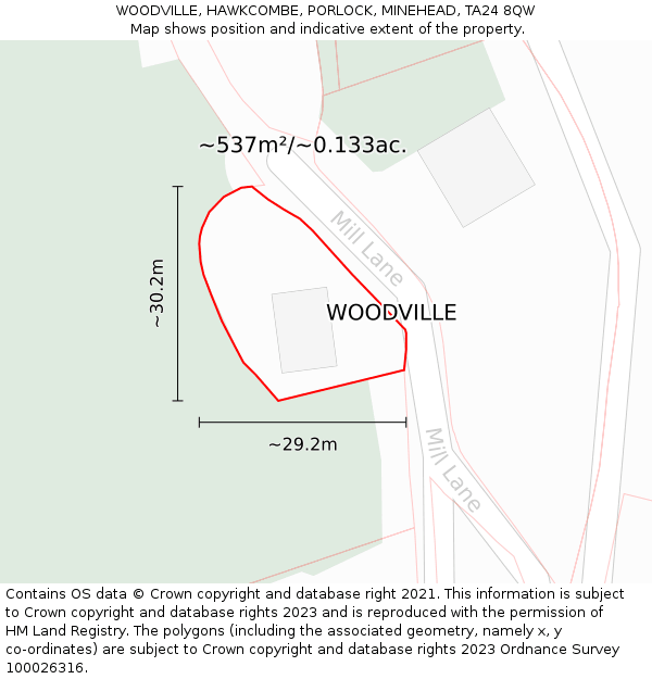 WOODVILLE, HAWKCOMBE, PORLOCK, MINEHEAD, TA24 8QW: Plot and title map