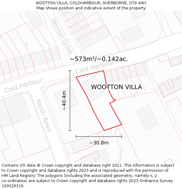 WOOTTON VILLA, COLDHARBOUR, SHERBORNE, DT9 4AH: Plot and title map