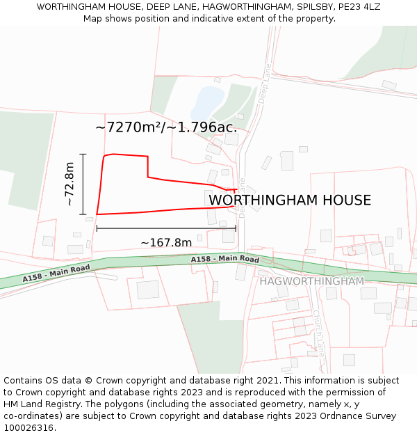 WORTHINGHAM HOUSE, DEEP LANE, HAGWORTHINGHAM, SPILSBY, PE23 4LZ: Plot and title map