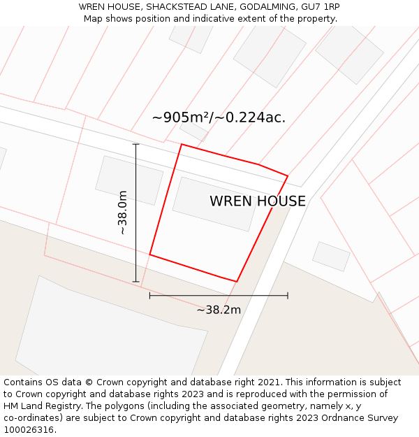 WREN HOUSE, SHACKSTEAD LANE, GODALMING, GU7 1RP: Plot and title map