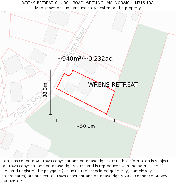 WRENS RETREAT, CHURCH ROAD, WRENINGHAM, NORWICH, NR16 1BA: Plot and title map