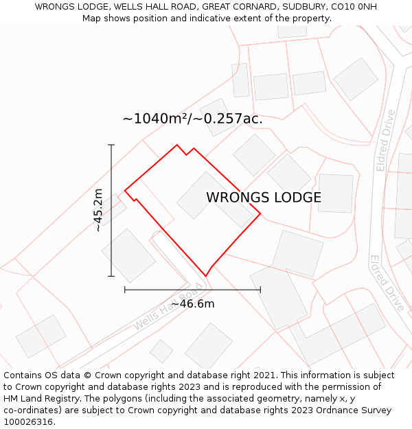 WRONGS LODGE, WELLS HALL ROAD, GREAT CORNARD, SUDBURY, CO10 0NH: Plot and title map