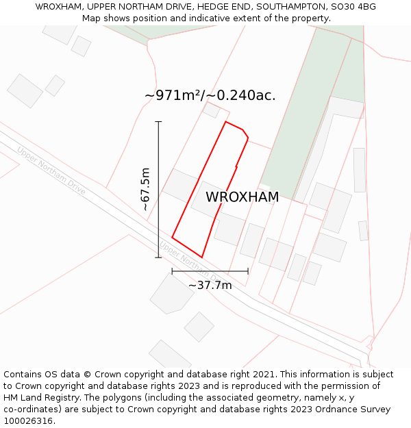 WROXHAM, UPPER NORTHAM DRIVE, HEDGE END, SOUTHAMPTON, SO30 4BG: Plot and title map