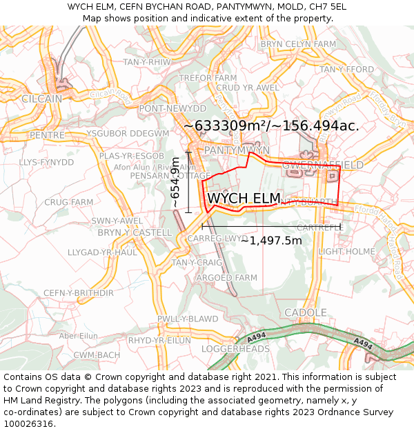 WYCH ELM, CEFN BYCHAN ROAD, PANTYMWYN, MOLD, CH7 5EL: Plot and title map
