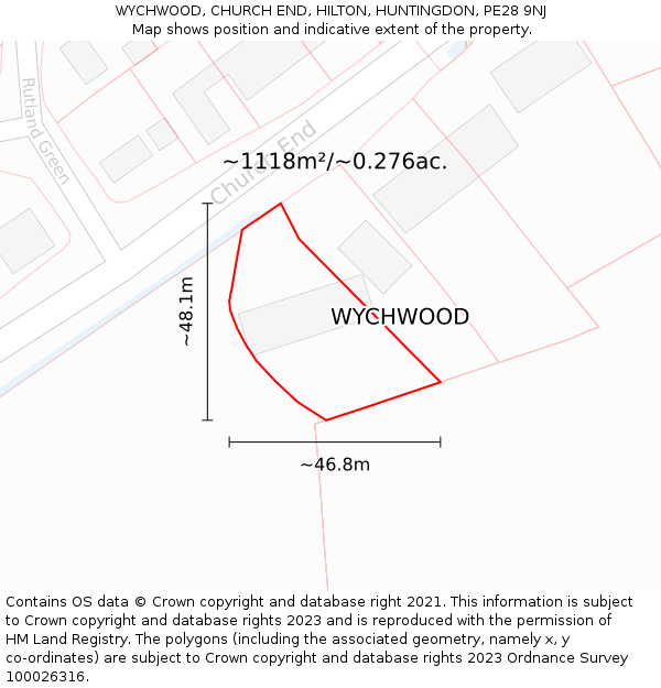 WYCHWOOD, CHURCH END, HILTON, HUNTINGDON, PE28 9NJ: Plot and title map