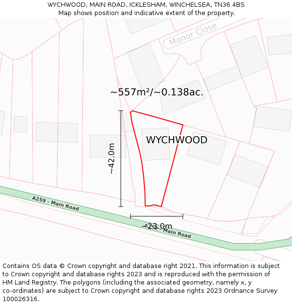 WYCHWOOD, MAIN ROAD, ICKLESHAM, WINCHELSEA, TN36 4BS: Plot and title map