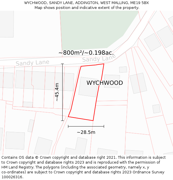 WYCHWOOD, SANDY LANE, ADDINGTON, WEST MALLING, ME19 5BX: Plot and title map