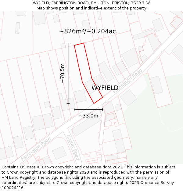WYFIELD, FARRINGTON ROAD, PAULTON, BRISTOL, BS39 7LW: Plot and title map