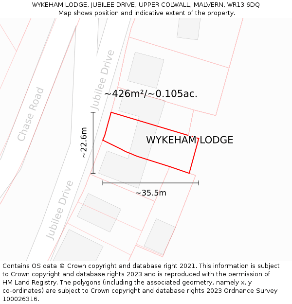 WYKEHAM LODGE, JUBILEE DRIVE, UPPER COLWALL, MALVERN, WR13 6DQ: Plot and title map