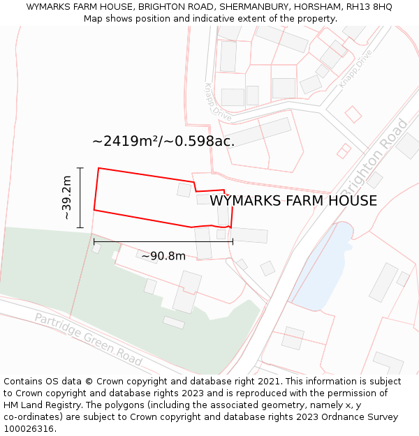 WYMARKS FARM HOUSE, BRIGHTON ROAD, SHERMANBURY, HORSHAM, RH13 8HQ: Plot and title map