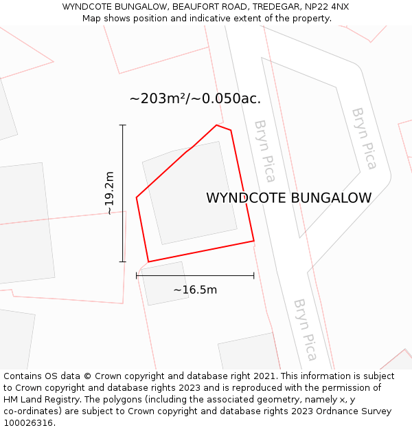 WYNDCOTE BUNGALOW, BEAUFORT ROAD, TREDEGAR, NP22 4NX: Plot and title map