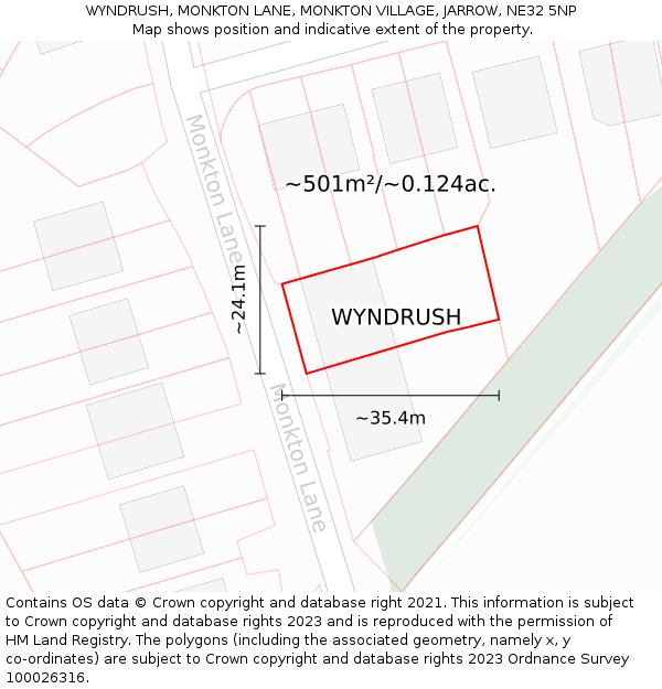 WYNDRUSH, MONKTON LANE, MONKTON VILLAGE, JARROW, NE32 5NP: Plot and title map
