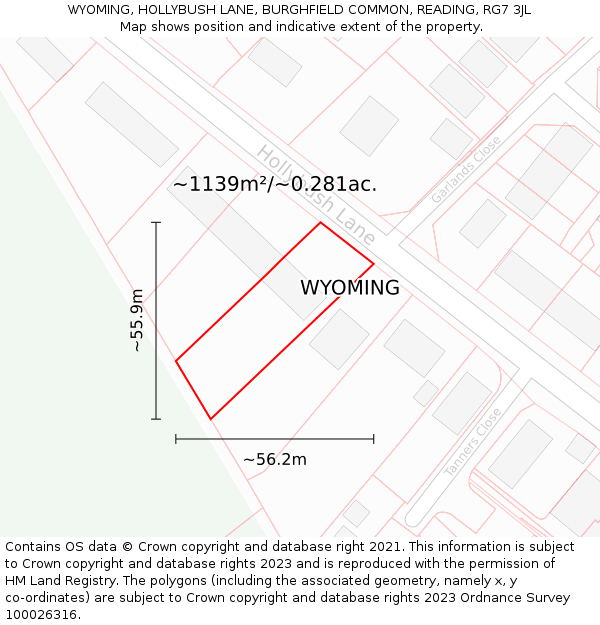 WYOMING, HOLLYBUSH LANE, BURGHFIELD COMMON, READING, RG7 3JL: Plot and title map