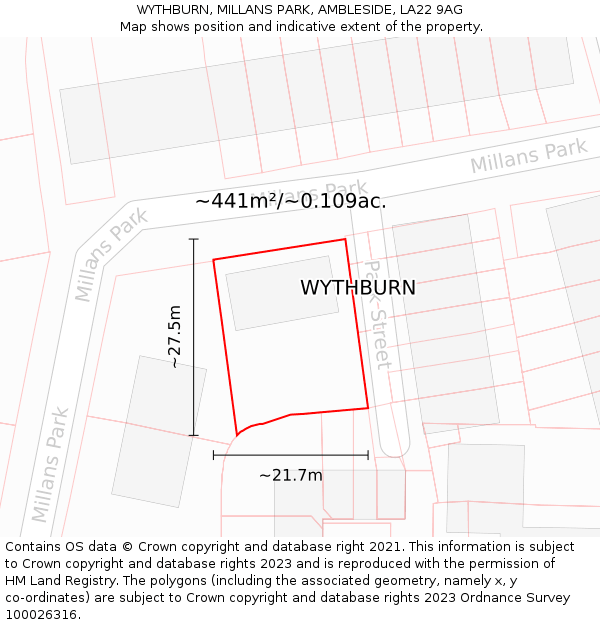 WYTHBURN, MILLANS PARK, AMBLESIDE, LA22 9AG: Plot and title map