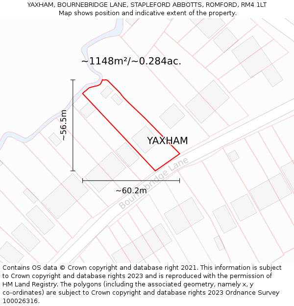 YAXHAM, BOURNEBRIDGE LANE, STAPLEFORD ABBOTTS, ROMFORD, RM4 1LT: Plot and title map