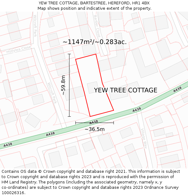 YEW TREE COTTAGE, BARTESTREE, HEREFORD, HR1 4BX: Plot and title map
