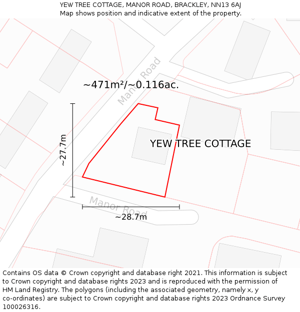 YEW TREE COTTAGE, MANOR ROAD, BRACKLEY, NN13 6AJ: Plot and title map