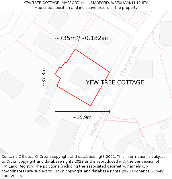 YEW TREE COTTAGE, MARFORD HILL, MARFORD, WREXHAM, LL12 8TA: Plot and title map