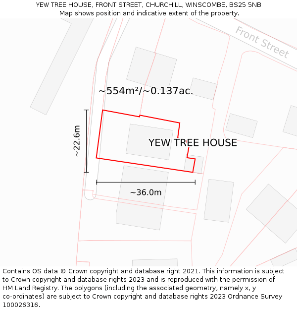 YEW TREE HOUSE, FRONT STREET, CHURCHILL, WINSCOMBE, BS25 5NB: Plot and title map