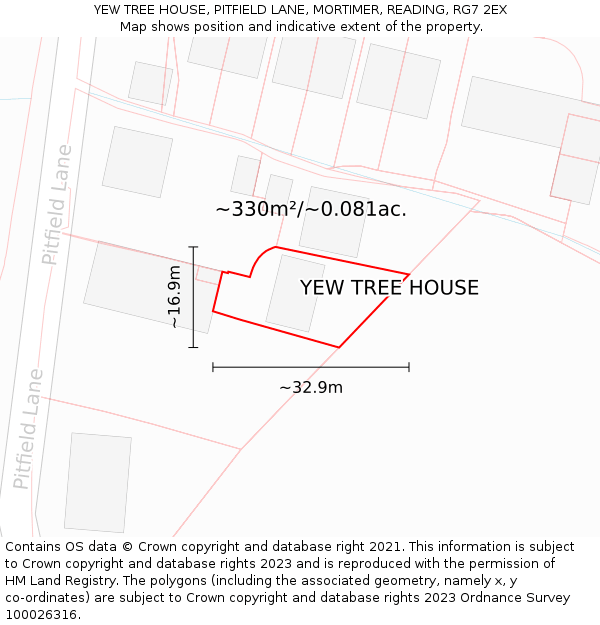 YEW TREE HOUSE, PITFIELD LANE, MORTIMER, READING, RG7 2EX: Plot and title map