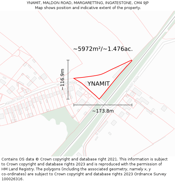 YNAMIT, MALDON ROAD, MARGARETTING, INGATESTONE, CM4 9JP: Plot and title map
