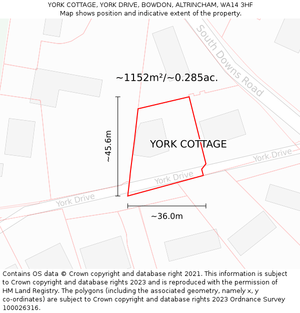 YORK COTTAGE, YORK DRIVE, BOWDON, ALTRINCHAM, WA14 3HF: Plot and title map