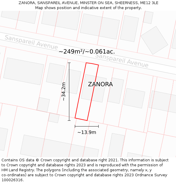 ZANORA, SANSPAREIL AVENUE, MINSTER ON SEA, SHEERNESS, ME12 3LE: Plot and title map