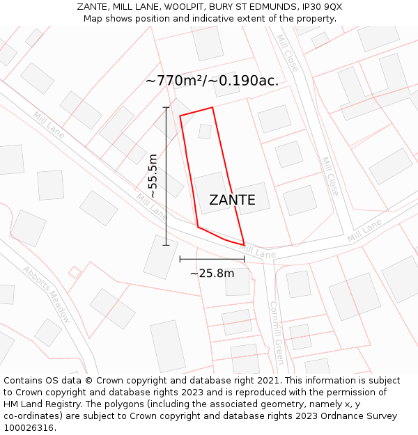 ZANTE, MILL LANE, WOOLPIT, BURY ST EDMUNDS, IP30 9QX: Plot and title map