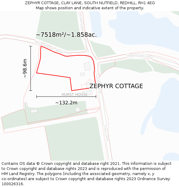 ZEPHYR COTTAGE, CLAY LANE, SOUTH NUTFIELD, REDHILL, RH1 4EG: Plot and title map