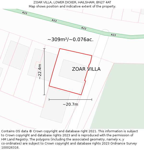 ZOAR VILLA, LOWER DICKER, HAILSHAM, BN27 4AT: Plot and title map