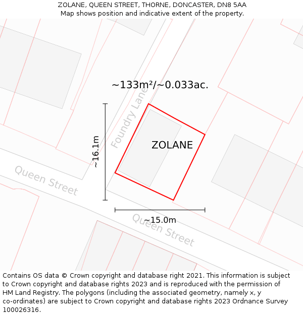 ZOLANE, QUEEN STREET, THORNE, DONCASTER, DN8 5AA: Plot and title map