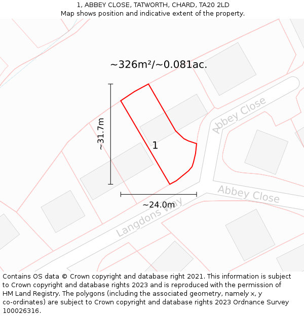 1, ABBEY CLOSE, TATWORTH, CHARD, TA20 2LD: Plot and title map