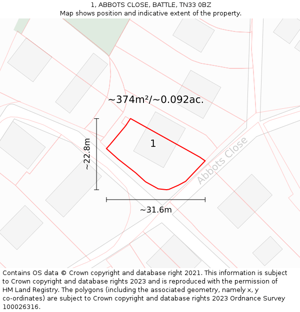1, ABBOTS CLOSE, BATTLE, TN33 0BZ: Plot and title map