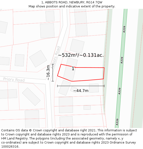 1, ABBOTS ROAD, NEWBURY, RG14 7QW: Plot and title map
