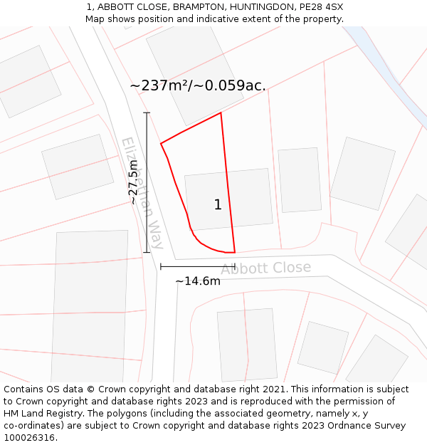 1, ABBOTT CLOSE, BRAMPTON, HUNTINGDON, PE28 4SX: Plot and title map
