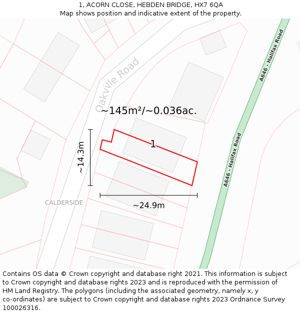 1, ACORN CLOSE, HEBDEN BRIDGE, HX7 6QA: Plot and title map